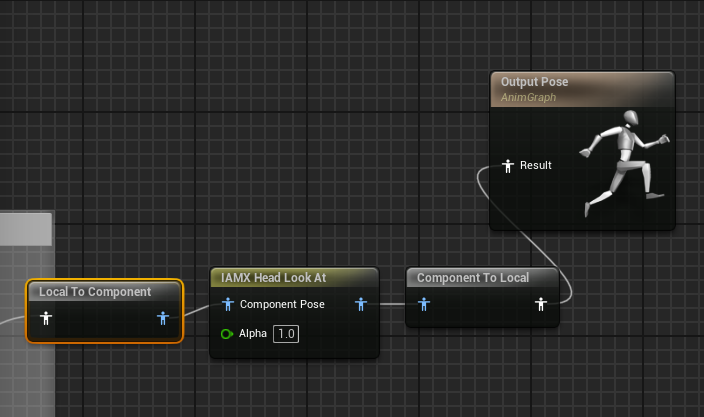 Body AnimGraph with IAMX Head Look At placed between the existing pose chain and the Output Pose
