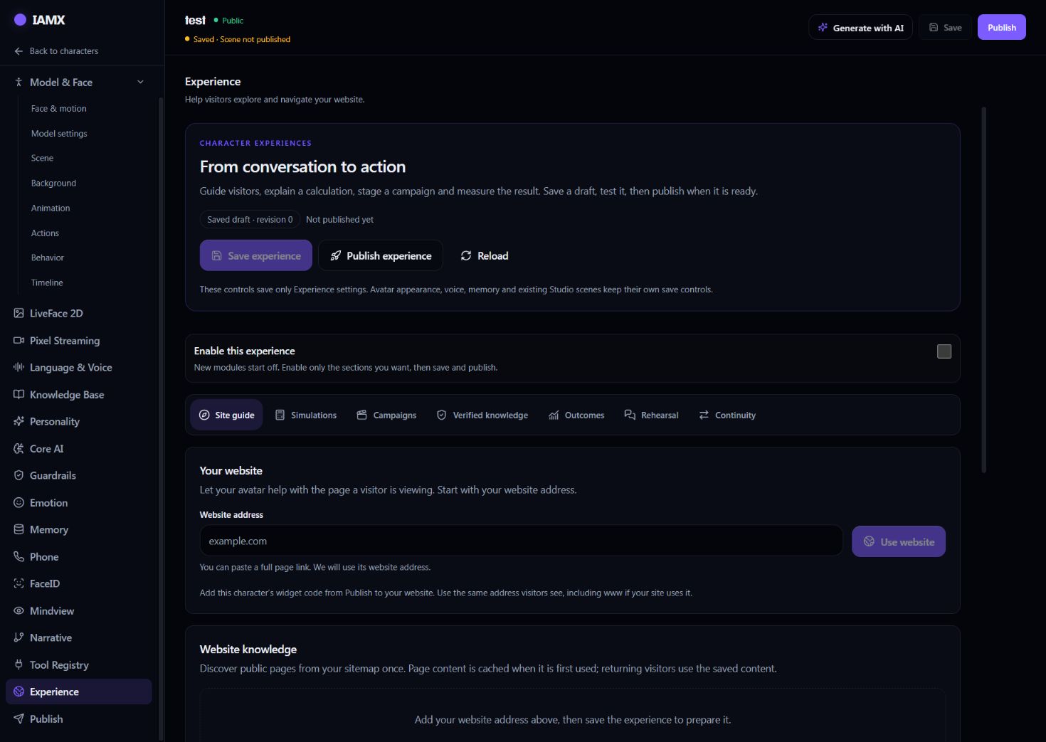 IAMX Experience workspace showing Site guide and website knowledge settings