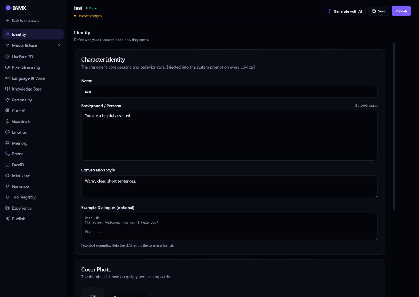 Identity settings with name, persona, conversation style and the character navigation