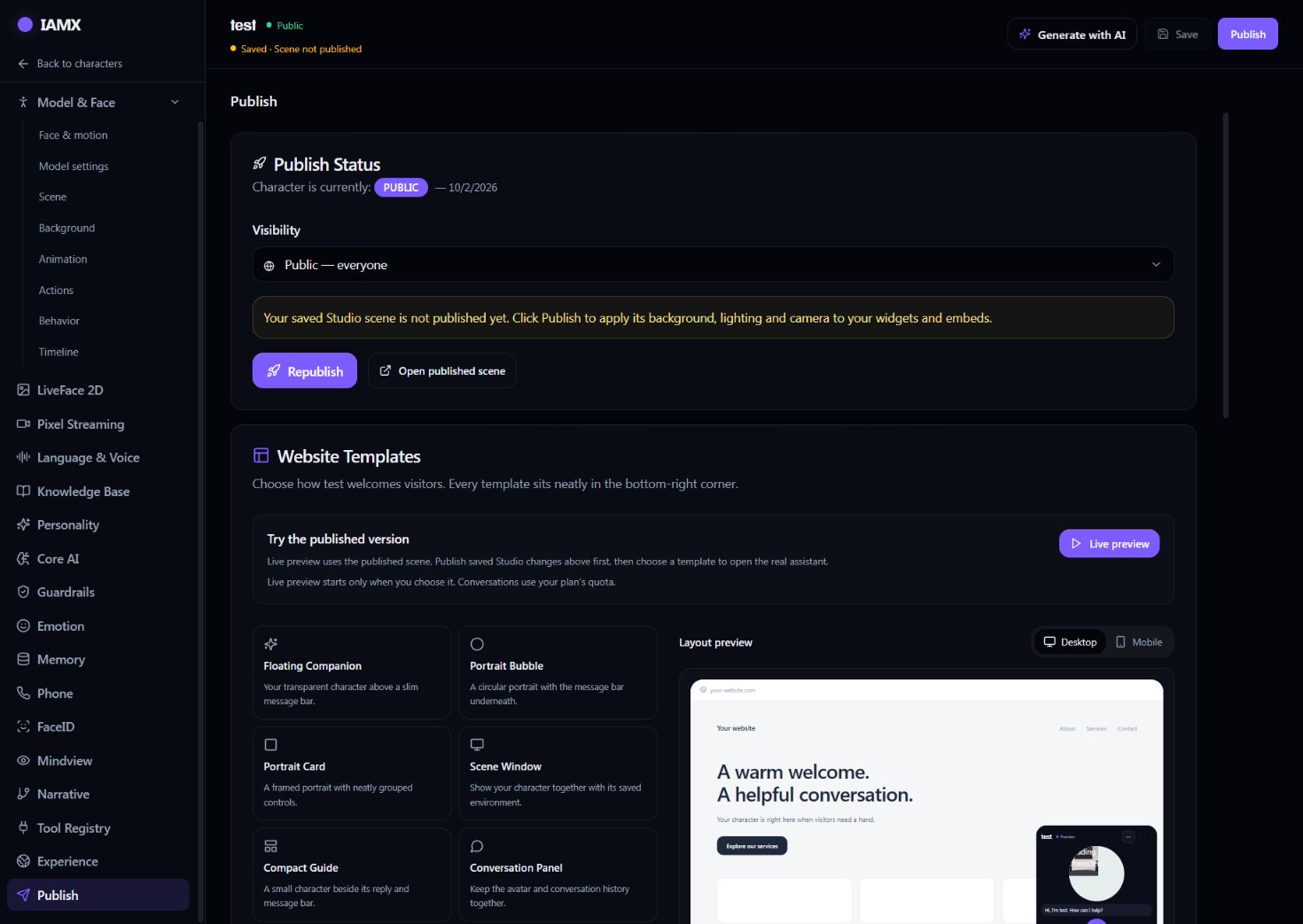 IAMX Publish panel showing character visibility, published scene status and website template choices