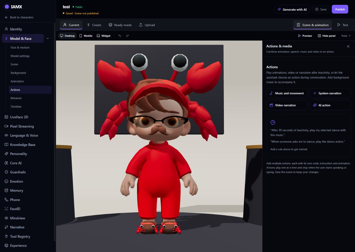 Avatar Studio Actions and media controls for adding movement, spoken narration, video and AI actions
