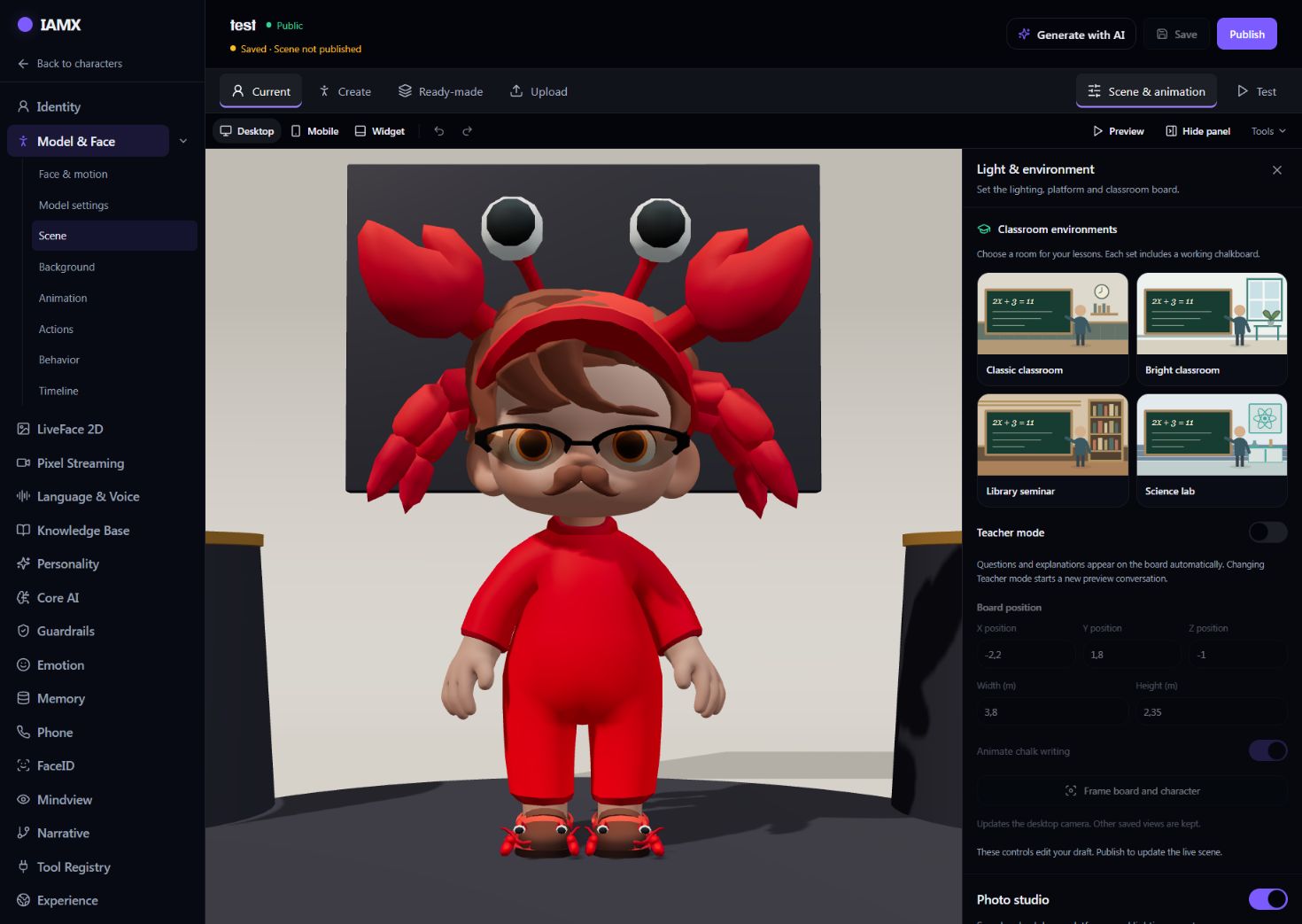 Avatar Studio Light and environment panel with classroom presets and Teacher mode currently off; board position, size and framing controls are visible below