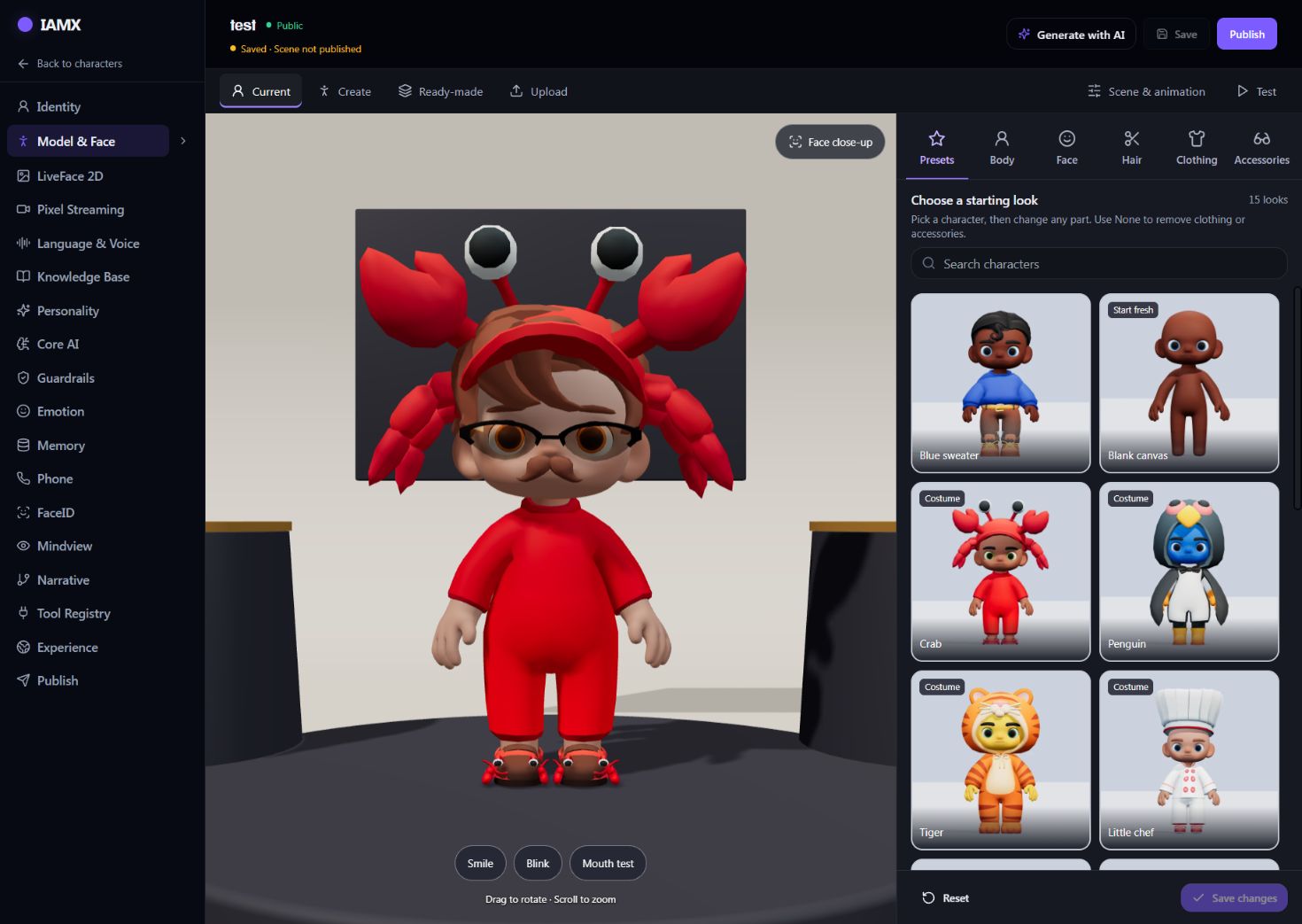 IAMX Avatar Studio showing the current modular avatar, preset choices and smile, blink and mouth tests