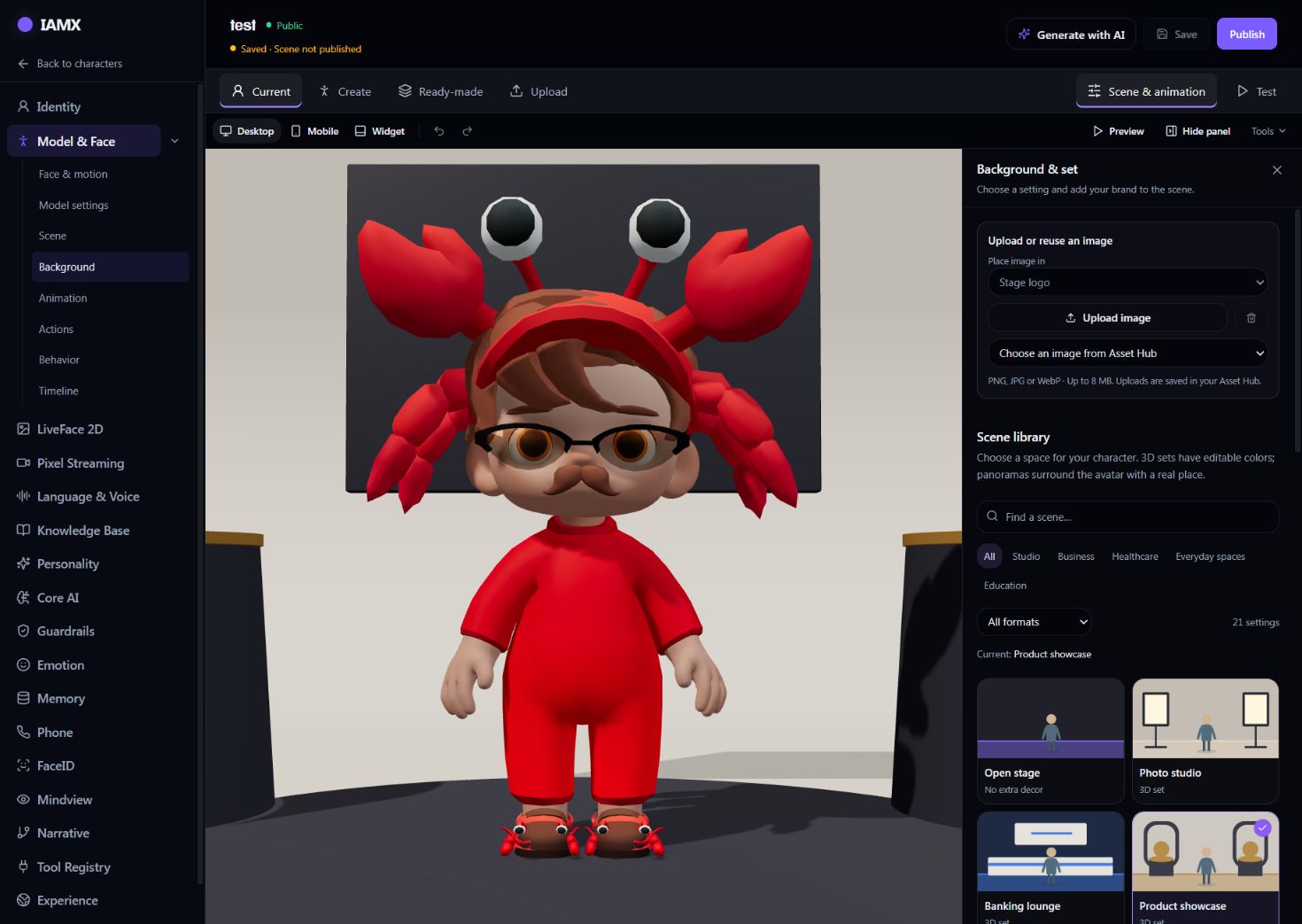 Avatar Studio scene library with searchable settings and scene format filters