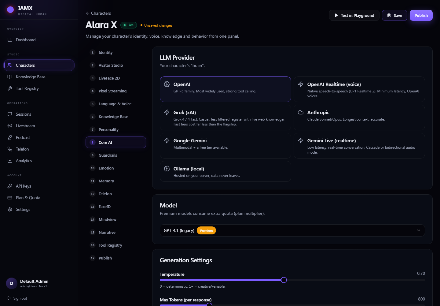 Core AI tab with provider cards, model list, temperature and length controls
