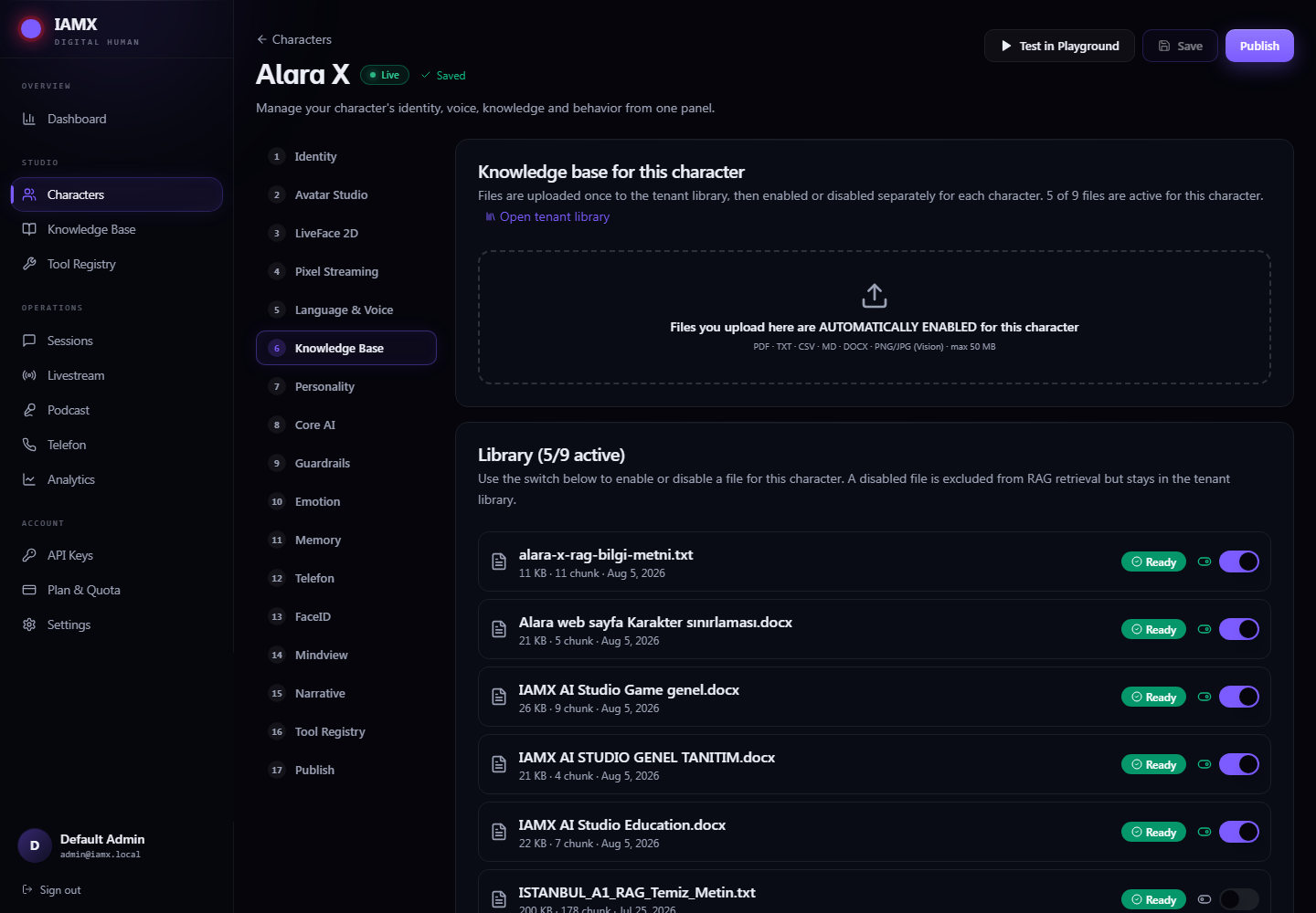 Character Knowledge Base tab with uploaded files, per-file switches and the search test