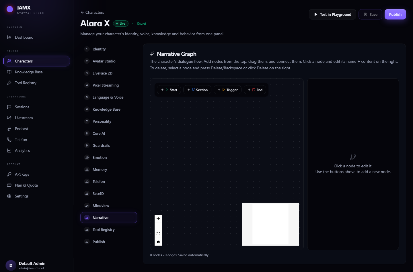 Narrative tab showing the conversation flow graph canvas
