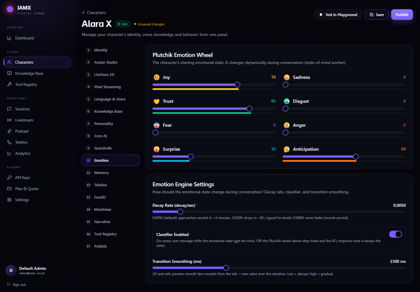 Emotion tab with the eight emotion sliders and the engine settings
