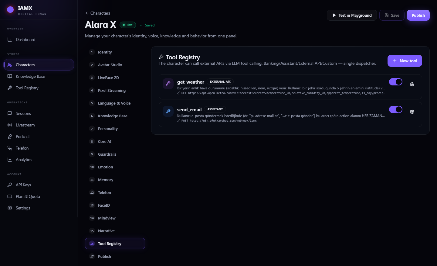 Character Tool Registry tab listing tools with category badges and switches