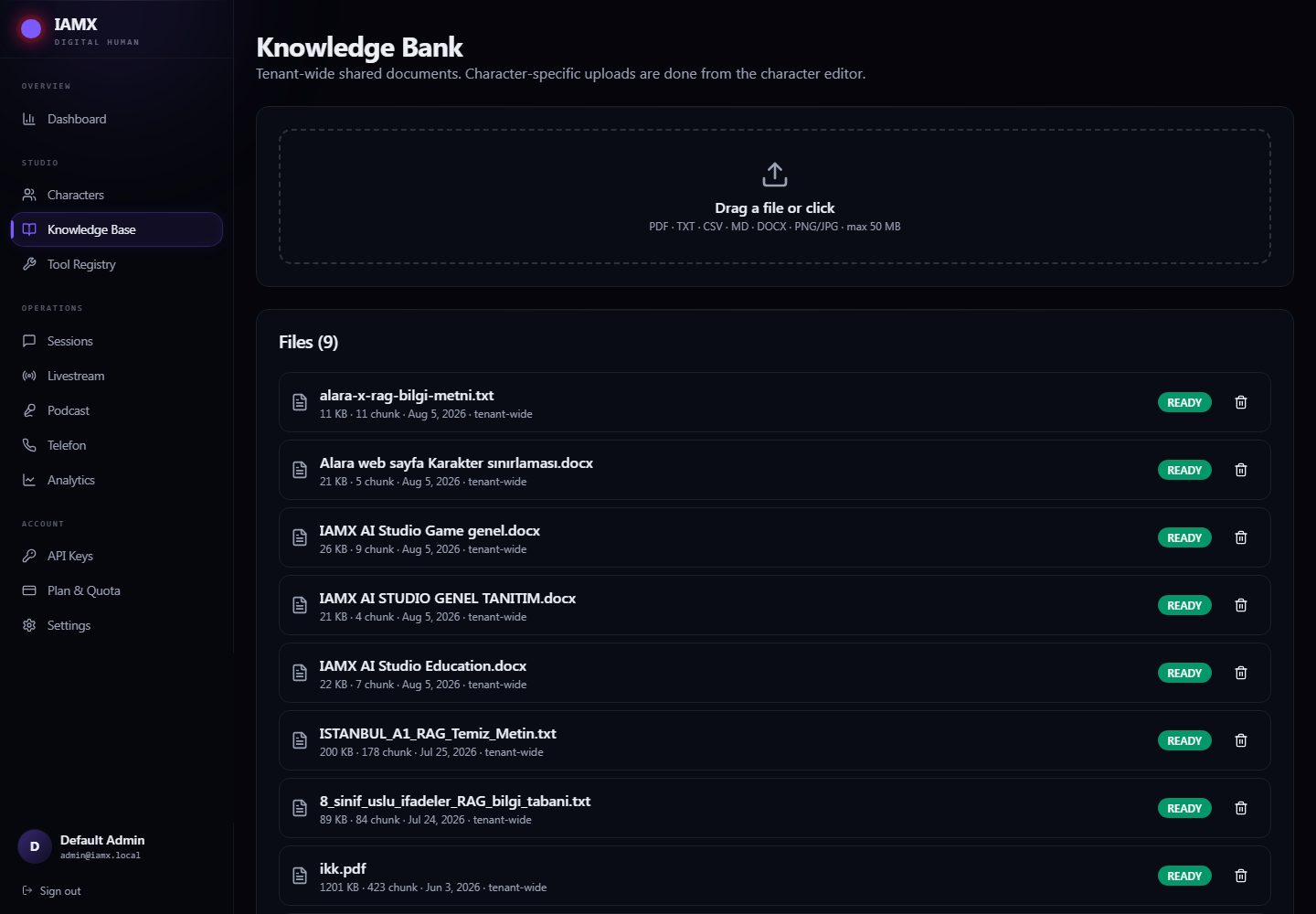 Knowledge Bank page with the upload dropzone and the list of files showing size, chunk count and status