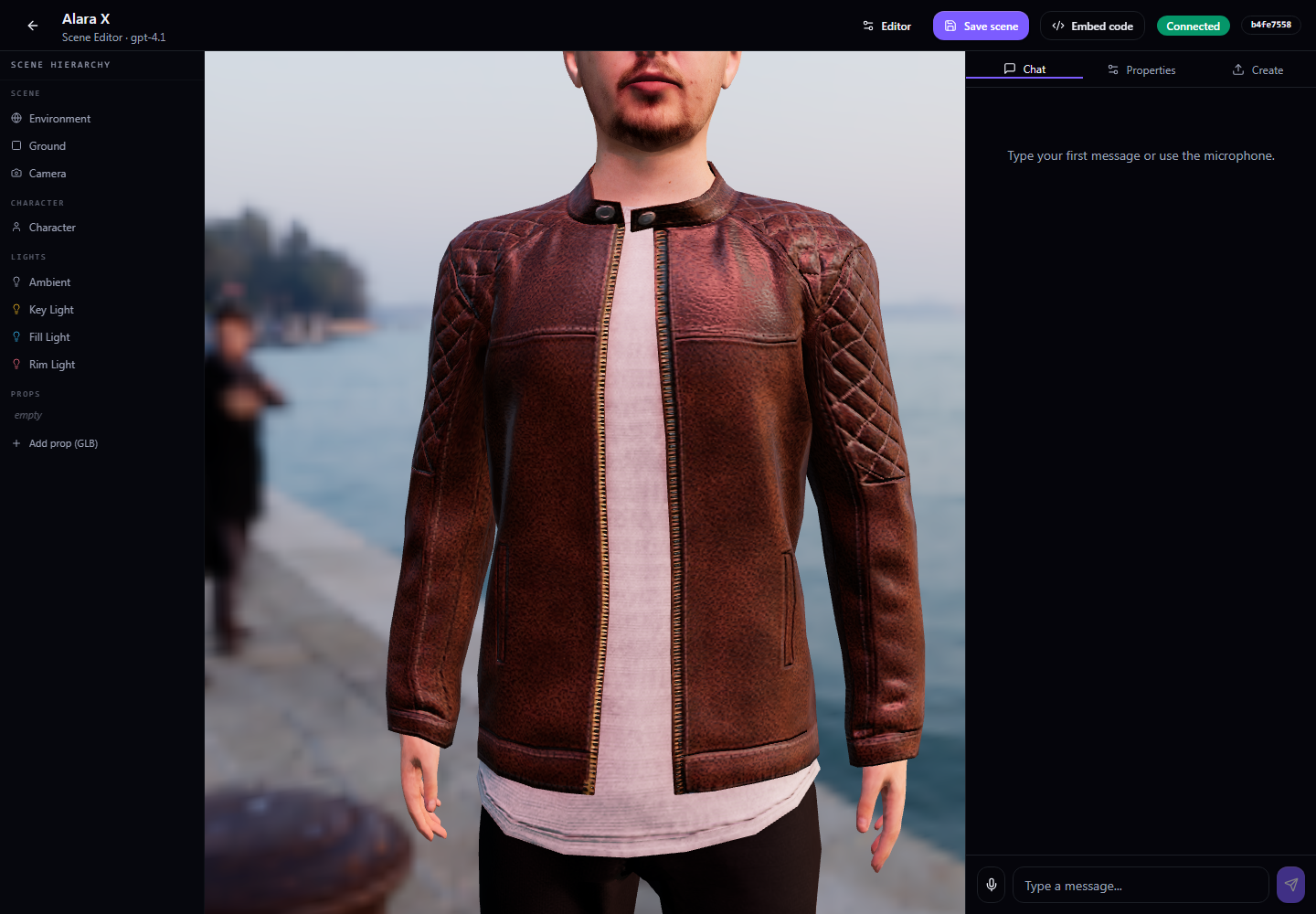 The IAMX playground showing the 3D character, scene hierarchy panel and chat sidebar