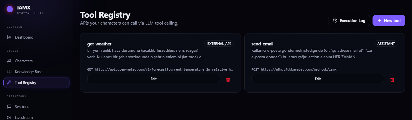 Tool Registry page listing defined tools with categories and endpoints, and the execution log button
